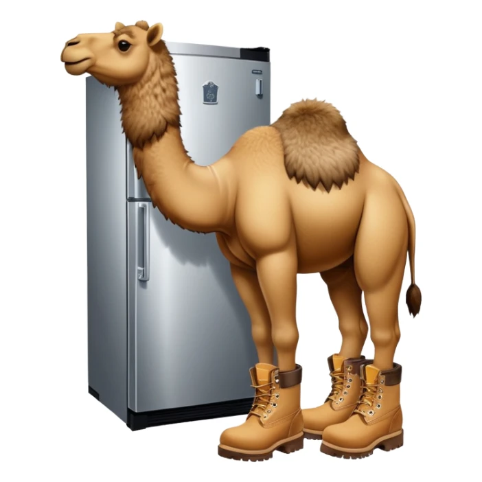A stainless steel refrigerator with a camel head emerging from the freezer door and camel legs with tan Timberland work boots at the bottom sticker