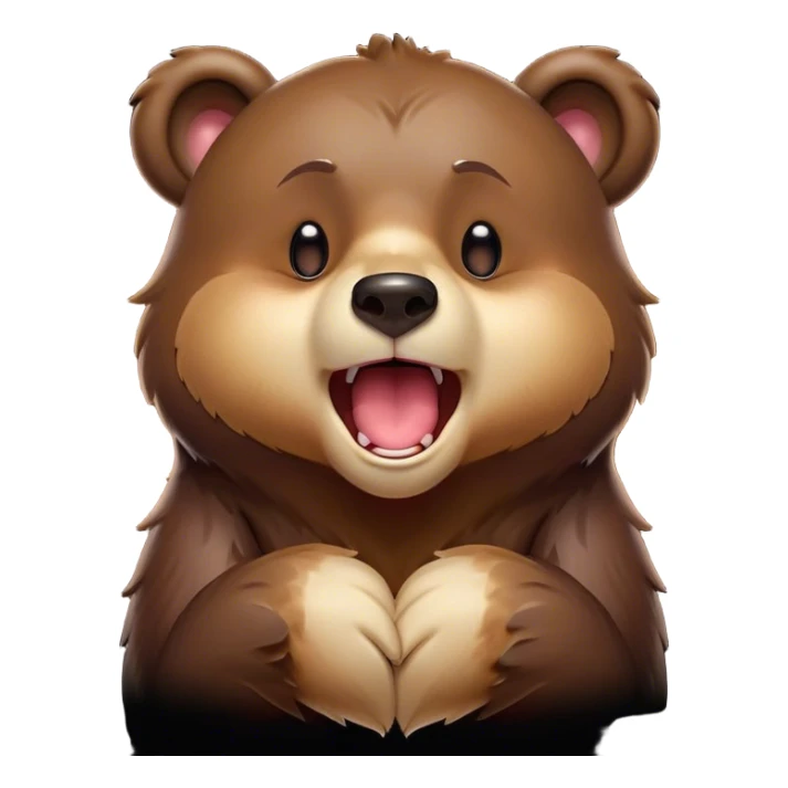 Cinematic Cute Yawning Bear Portrait Emoji, Head tilted slightly with a dramatic, wide-open yawn, showcasing a soft, plush dark brown fur with drooping ears, round eyes barely open in drowsy contentment, Simplified yet irresistibly adorable features, highly detailed, glowing with a soft, cozy glow, high shine, relaxed yet expressive, stylized with a touch of woodland charm, bright and endearing, soft glowing outline, capturing the essence of a sleepy yet affectionate bear, so drowsy it feels like it could lumber out of the screen and curl up for a nap! sticker
