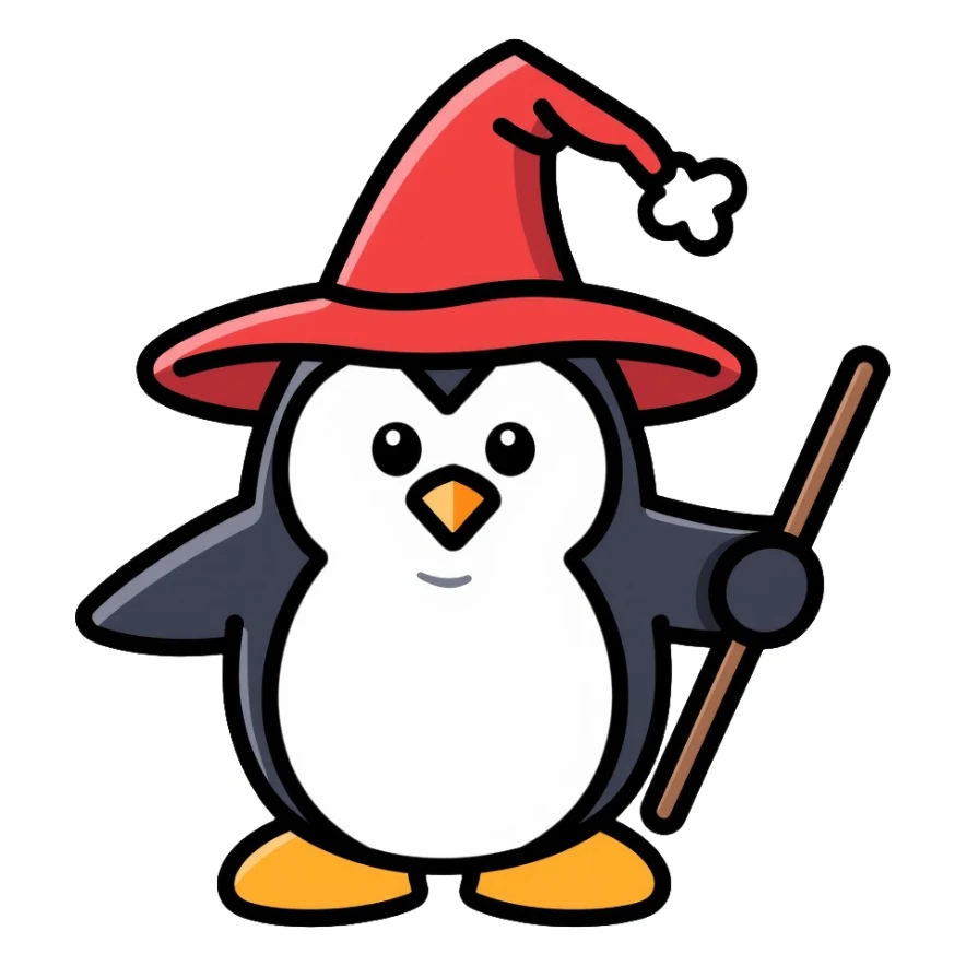 wizard penguin wearing a pointy wizard hat and holding a magic wand sticker