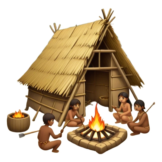 Primitive tribe building a settlement. Huts made of wood and straw, people using basic tools, fire pits, and a dense forest surrounding them sticker