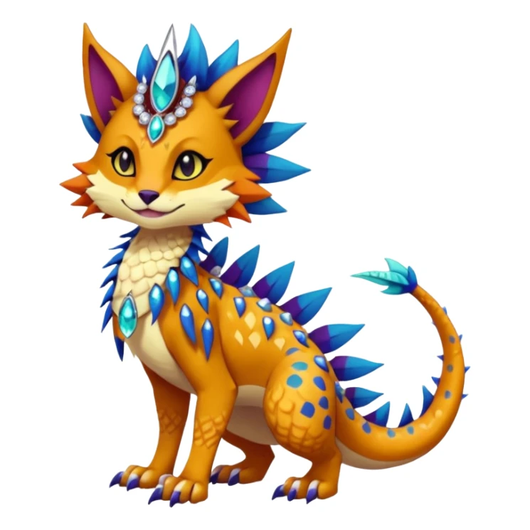 Kawaii cute dark deep colorful warm-colored exotic tropical beautiful pretty elegant divine edgy feline-vernid-sergal-Fakémon-Pokémon-fursona-animal-creature with accessories, jewelries, full body, with intricate detailed markings, spikes, crystals, fins, scales, headdress sticker