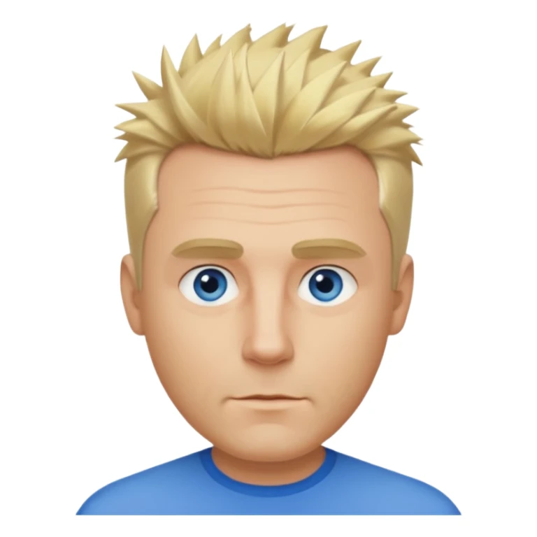 Create emoji of a single blonde guy short hair on the sides medium length slightly spiky pushed slightly to the right blue eyes define jawline middle aged sticker