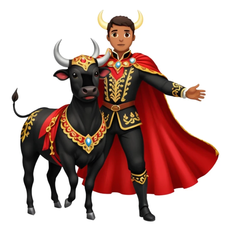 Create a realistic image of a traditional bullfighting scene in a Spanish arena.
Show a bullfighter (matador) HOLDING a red cape (muleta) not wearing one. as a powerful black bull charges toward it. NOT riding the bull. sticker