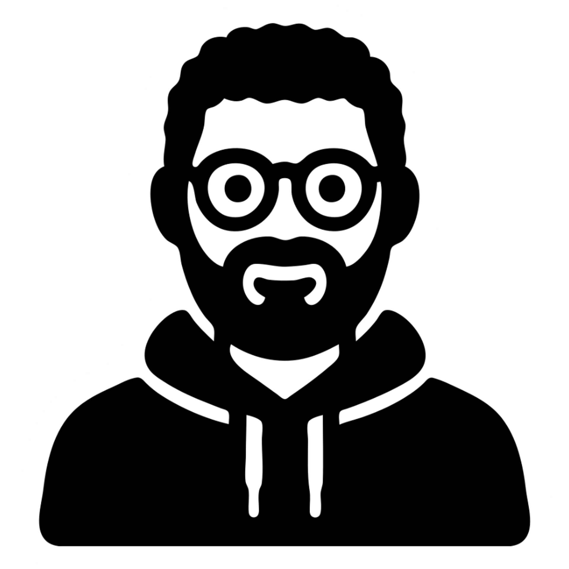 Make the icon look like the person in the reference photo: round glasses, short curly dark hair, full dark beard, olive hoodie, friendly expression in solid black icon style. Keep transparent background. sticker