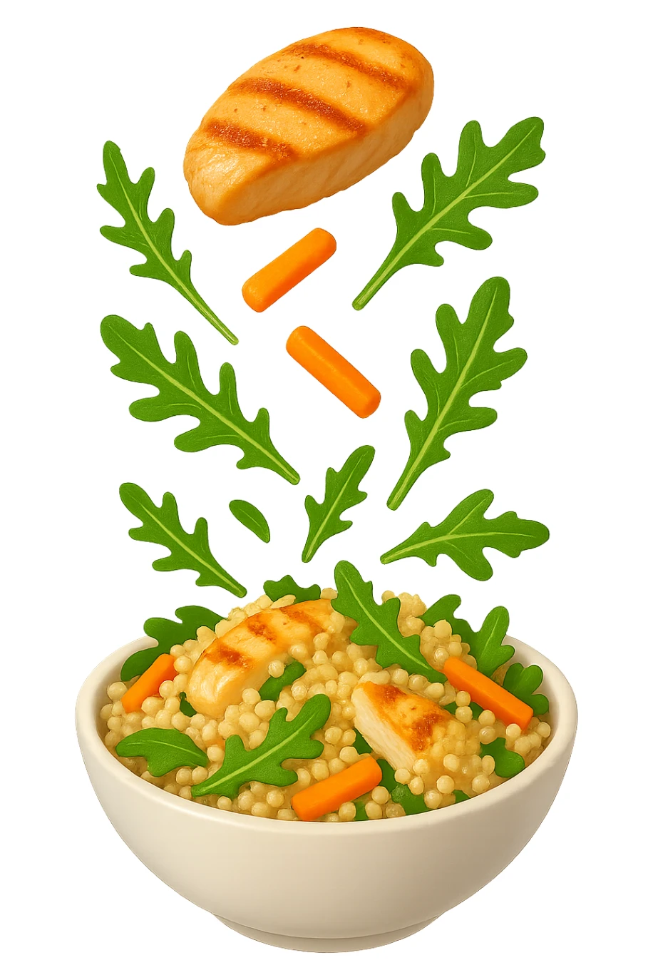 EMOJI STILE IPHONE DI Insalata di quinoa e pollo con rucola e carote che cade verticalmente dall'alto, iperrealistica 4k sticker