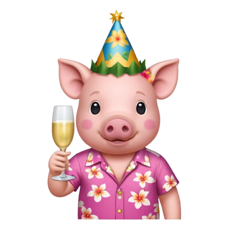 Pig with aloha shirt, birthday hat, champagne glass sticker