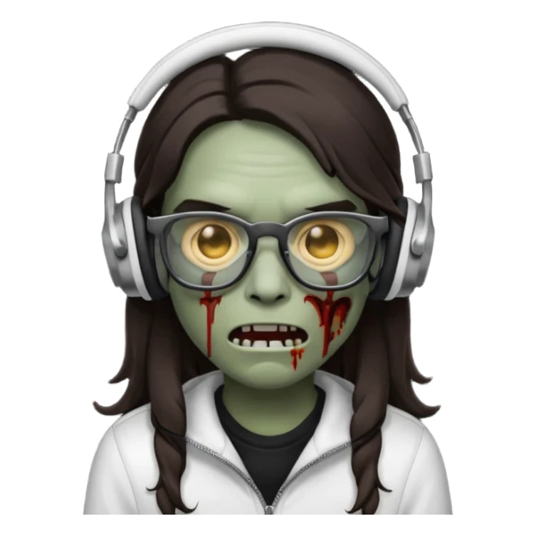 Zombie emoji with a split middle long dark brown hair part style with black glasses and white wired headphones sticker