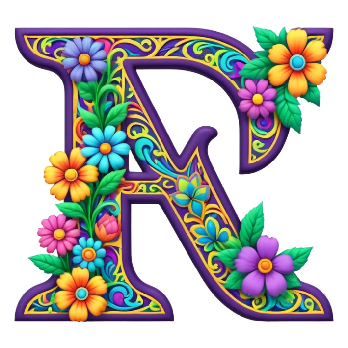3D, gothic style psychedelic colored Letter W with hippie style flower border sticker
