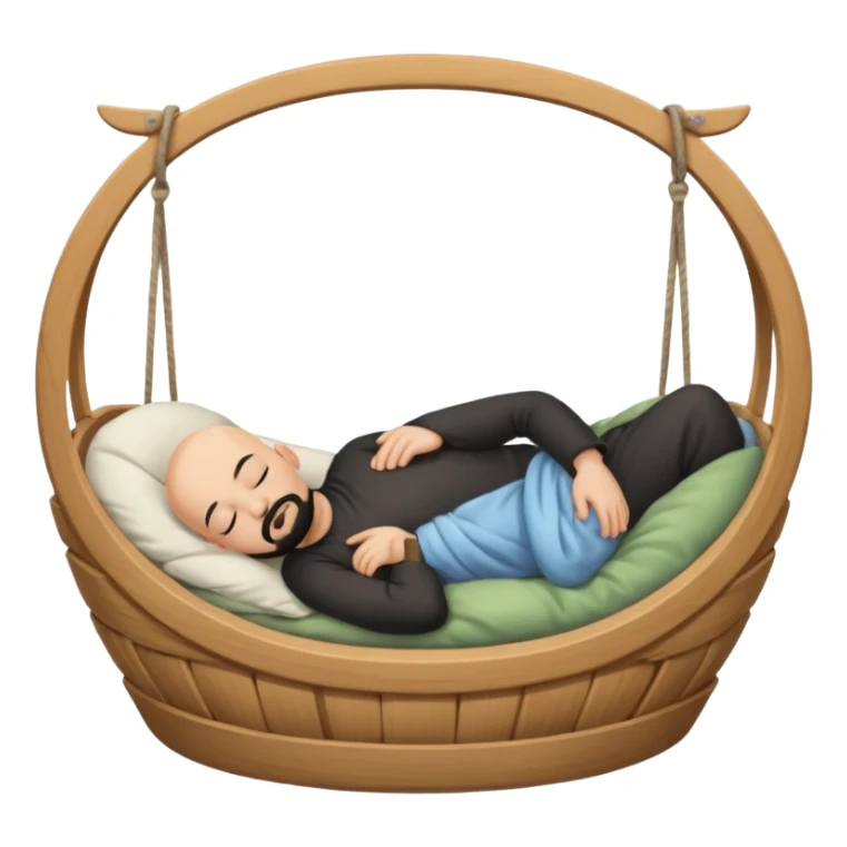 a bald man with a black goatee sleeping in a cradle sticker