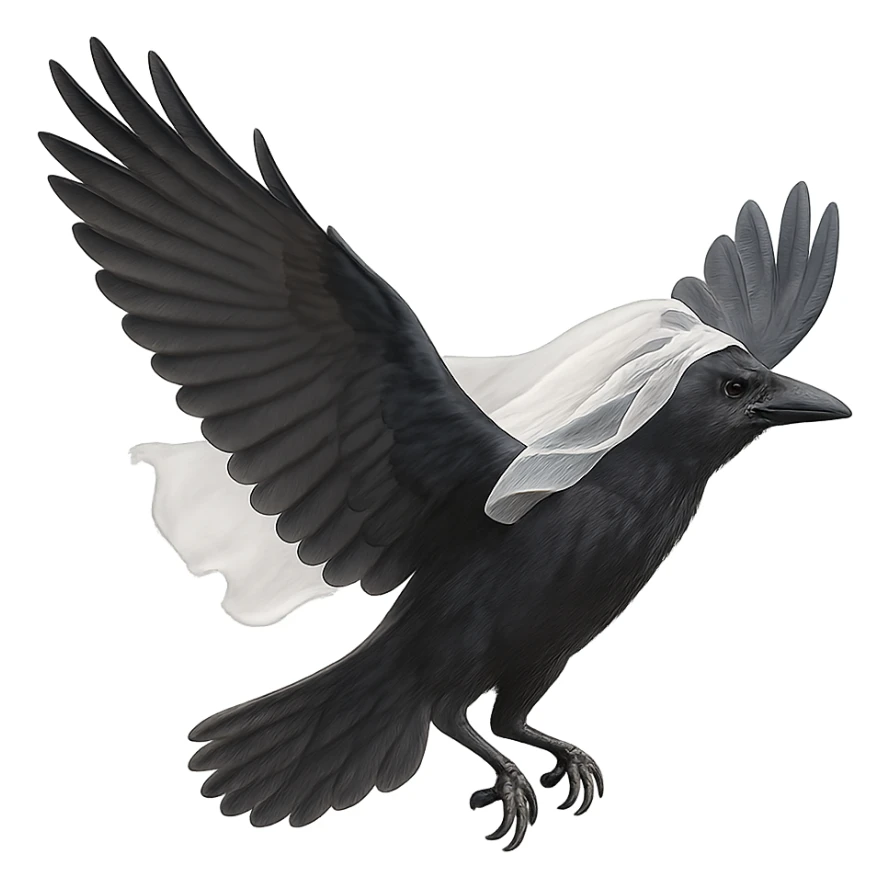 a flying raven with a delicate white bridal veil, graceful, minimal background sticker