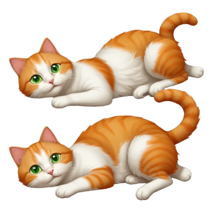ginger and white cat with green eyes doing a big extremely long stretch reaching up into the air with arms and legs side by side together straight and overextended whilst lying on its side sticker