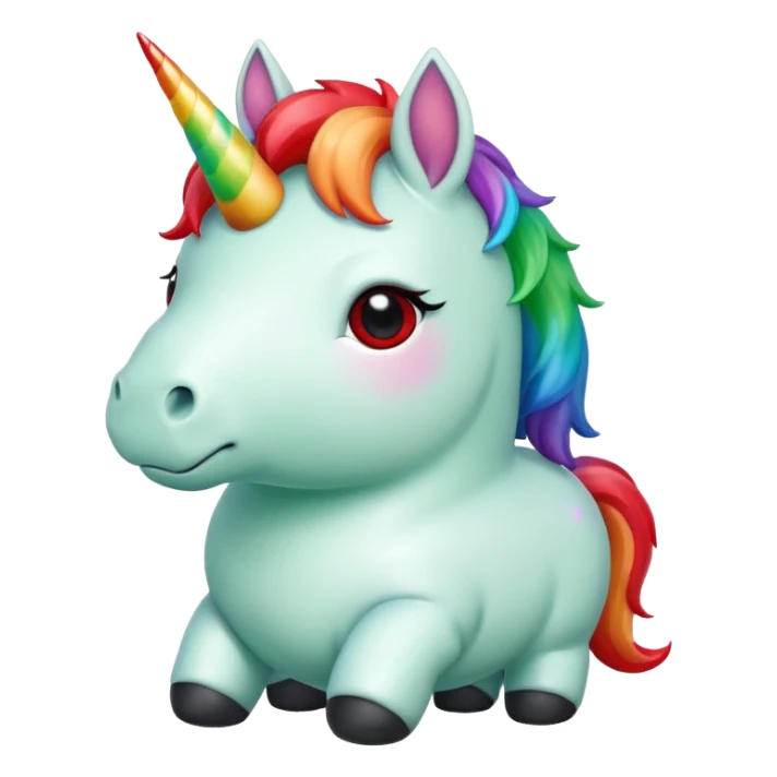 Small chubby unicorn in colour jade, black and red eyes, faring rainbow sticker