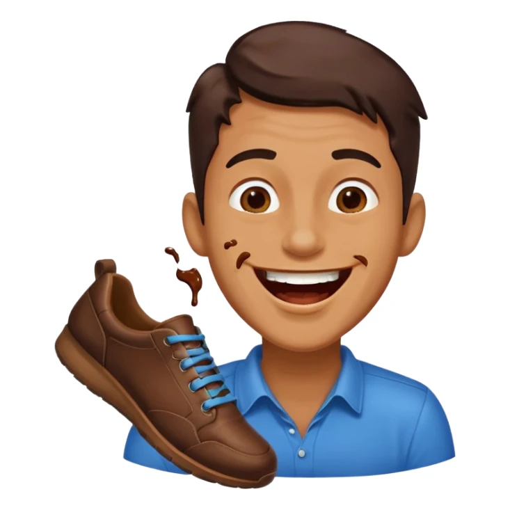 Man laughing with chocolate stain on shoe sticker