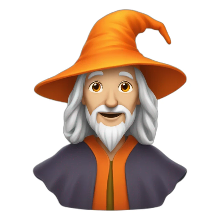 portrait of a wise wizard smiling, Merlin style, with an orange hat sticker