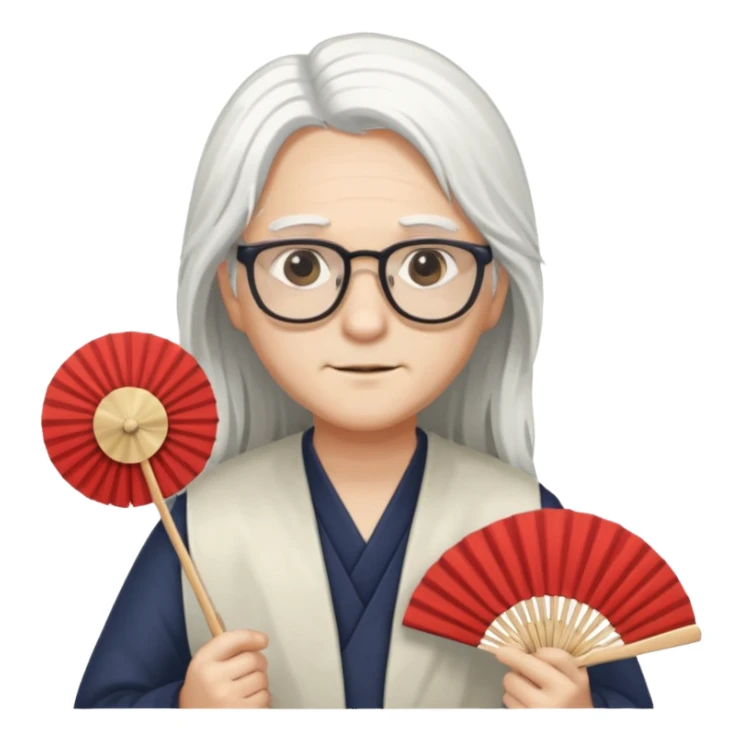 long white haired folding fan holder with glasses sticker