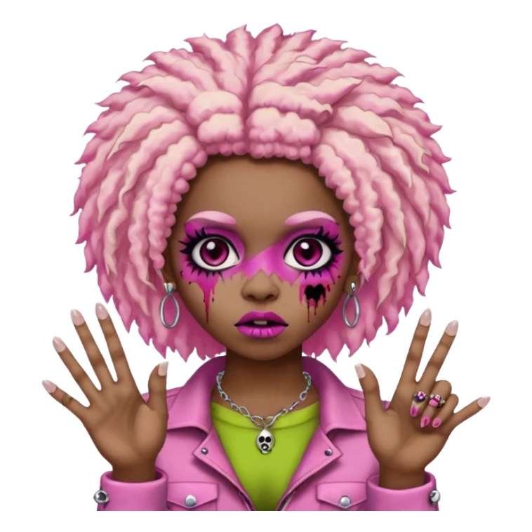 girl, zombie,pink and blonde afro, medium long, emo, shaggy, dark, spooky,double eyebrow dermal piercing, two fingers up sticker