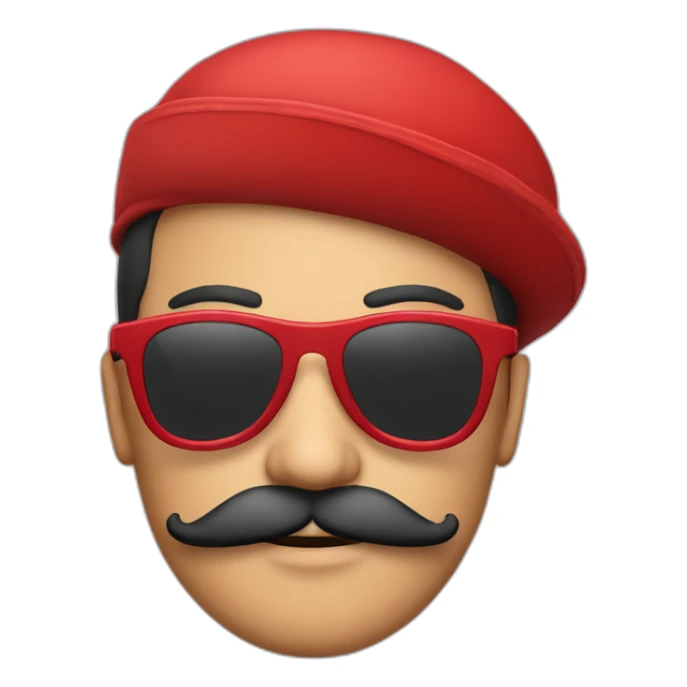 red a man in red clothes wearing a red hat, sunglasses and a moustache sticker