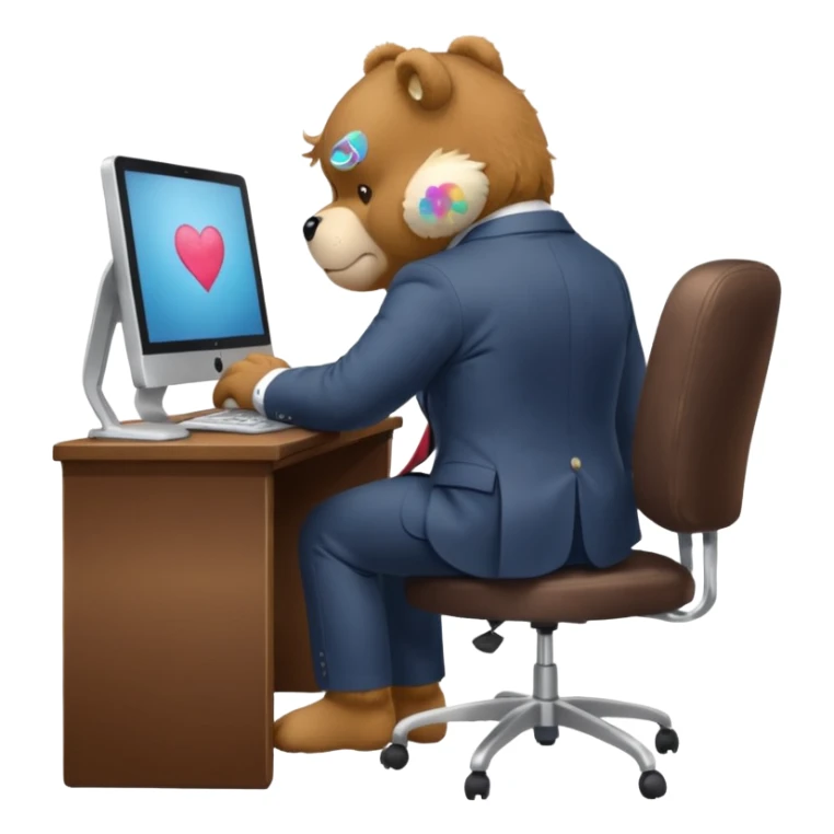Care bear sad in suit back view, sit on a chair, working on a computer, with a big desk sticker
