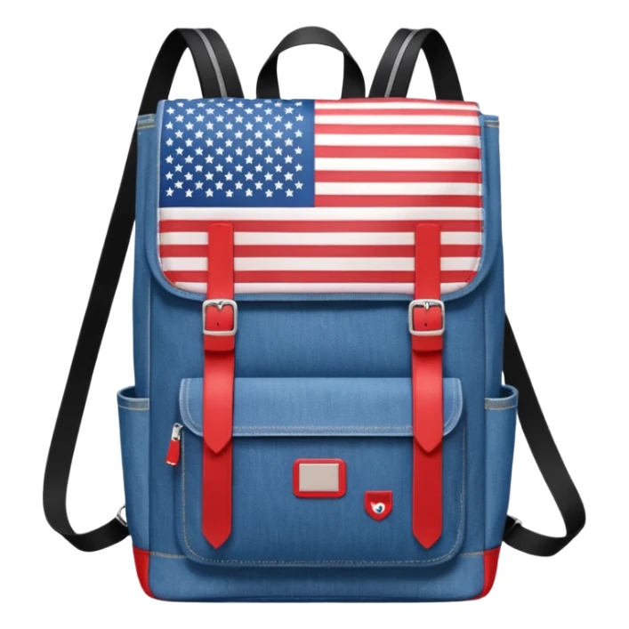 a blue denim backpack with a flap top, two vertical black buckle straps on the front. The backpack has two side pockets and a soft square shape. at front view bottom pocket, red and with two divided logo like simple american flag

 sticker