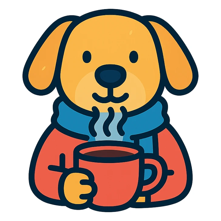 A dog drinking a cup of coffee, outside is cold sticker