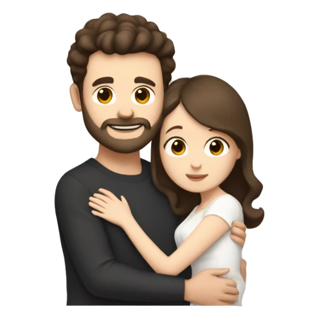 Young white man with short dark brown hair with a small beard hugging his white wife with dark brown hair and both of them hugging a beige and white Pomeranian  sticker