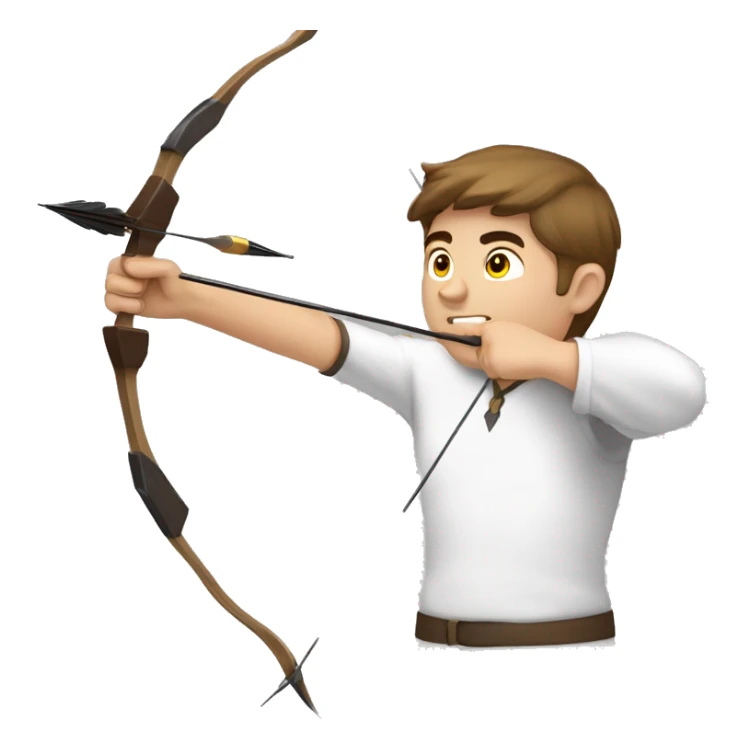 a male archer aiming with a bow looking and  aiming at his target, wearing a white shirt, very short brown hair, bright skin sticker