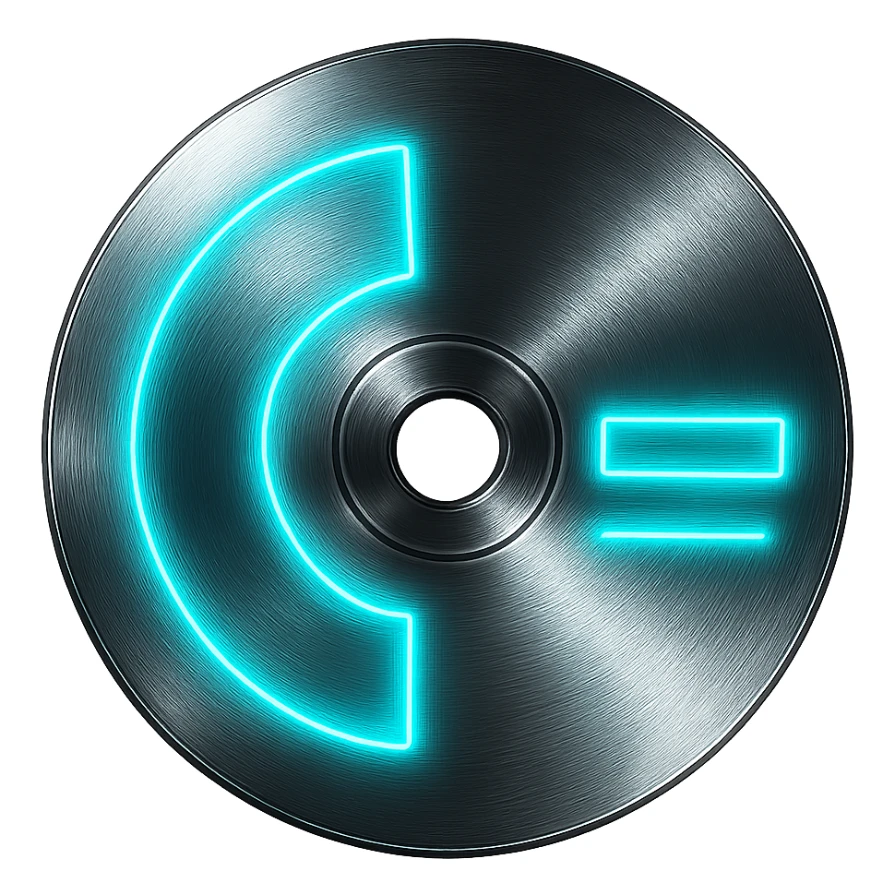A minimalist CD disc with abstract pattern, glowing effect, neon cyan color sticker