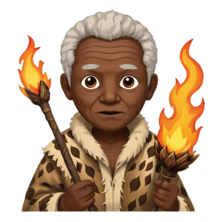 ancient africa old man, tattered animal skin cloth, hold fire stick sticker