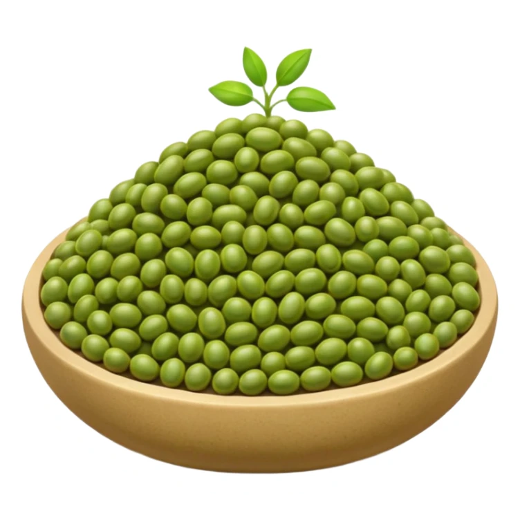 mung beans, small scatter or mound, whole, oval, glossy, earthy green with brown undertones, smooth, firm, size and tone variation, no bowl, sprouts, packaging, or faces, clean 3D, soft shadows, transparent background, emoji scale sticker