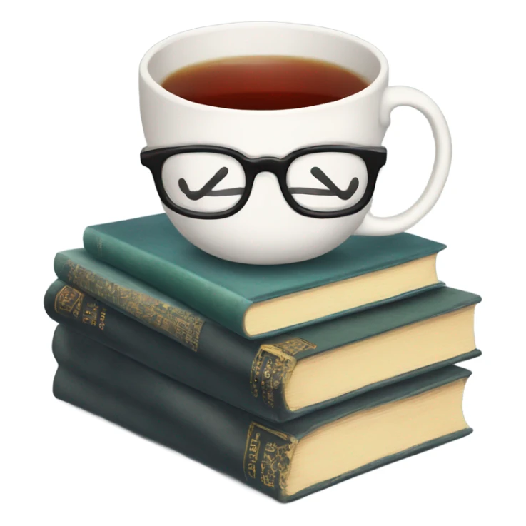 China tea cup with tea on a stack  of books with glasses on top sticker