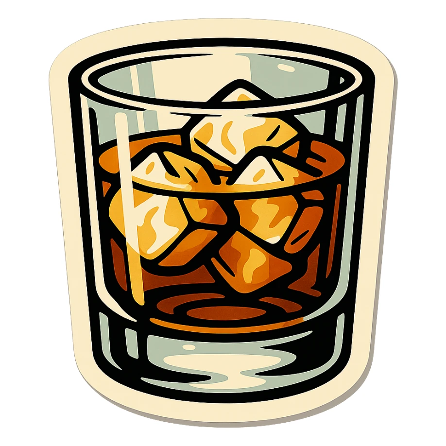 whiskey glass with ice, retro stickers style, sharp black outlines, expressive shadows and highlights, no gradients, only sharp color transitions, lowball glass, amber color drink sticker