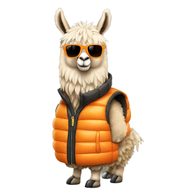 llama wearing an orange puffer vest and sun glasses full body sticker