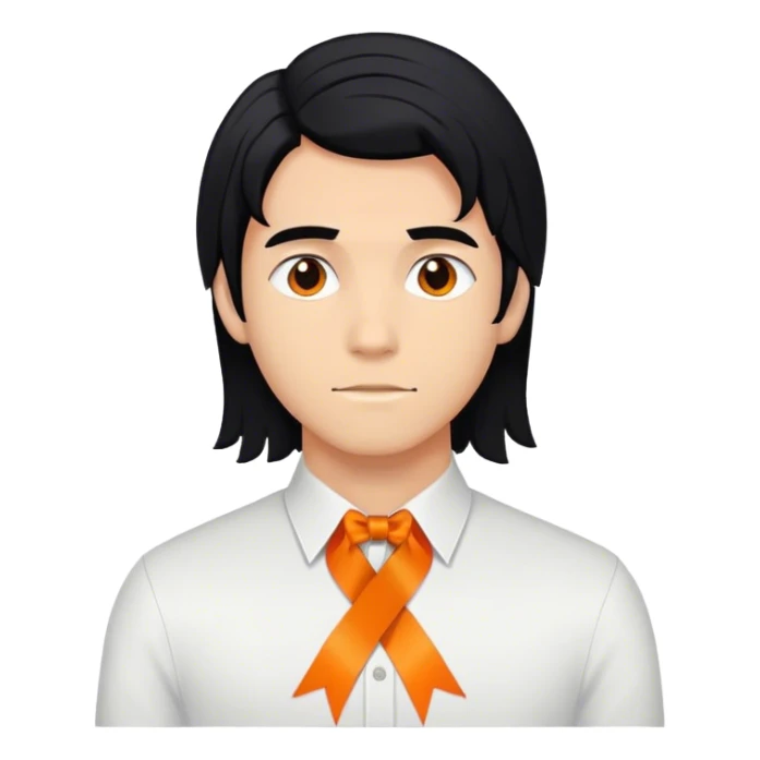 young man with mid long black haire and an orange ruban sticker