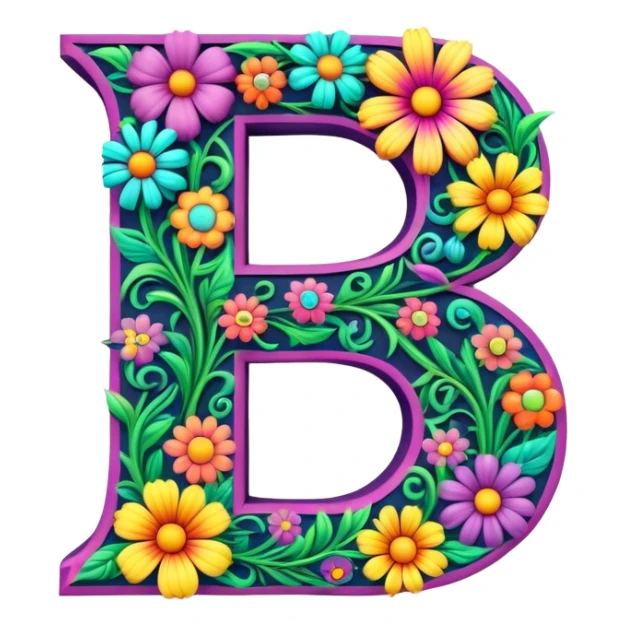 3D, gothic style psychedelic colored capital Letter S with hippie style flower border sticker