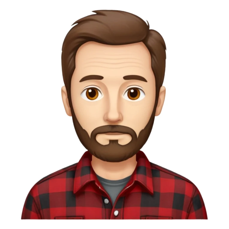 Thin man in his 50s with light complexion. Narrow face with pronounced cheekbones. Unkempt brown hair sticking up in places. Scruffy, uneven brown beard. Wearing a red and black checkered flannel shirt that hangs loosely on his lean body. sticker