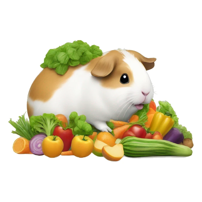 Guineapig eating a huge pile of veggies and fruit sticker