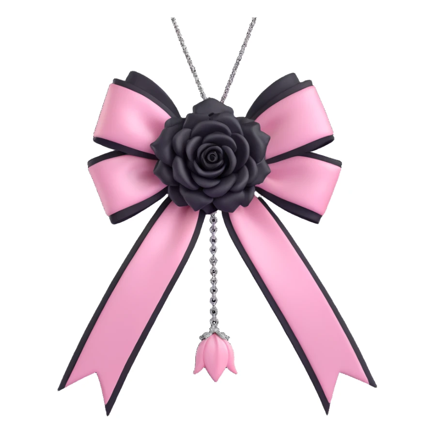 3D emoji style pink bow with gothic effect, pastel pink satin, black rose center, and silver chain fringe sticker