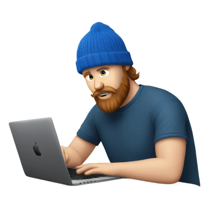 white man with blue beanie and chestnut beard working on his black macbook laptop and looking down with his eyes sticker