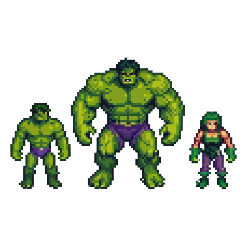 Classic Savage Hulk, Gray Hulk, and Professor Hulk forms in 8-bit style sticker