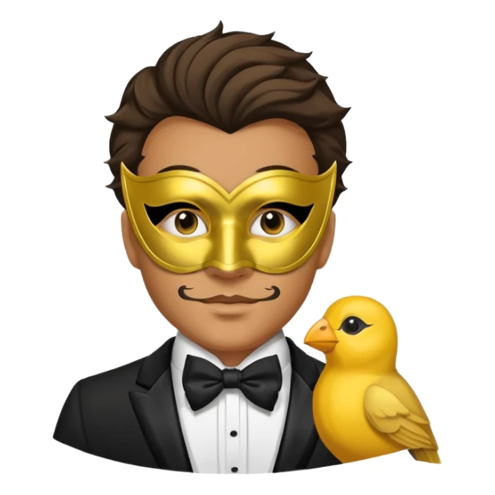 A man facing forward wearing a tuxedo with a yellow canary mask. The canary mask is in the style of a Venetian carnival mask. sticker