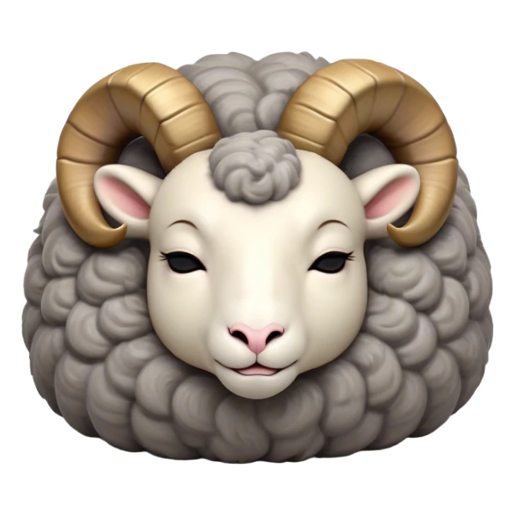 Meme-Worthy Cute Sleeping Ram Portrait Emoji, Head resting peacefully with a contented smile, showcasing a robust build and a luxuriously soft woolly grey fur with gently curled horns, eyes shut in a serene, restful nap, Simplified yet hilariously adorable features, highly detailed, glowing with a soft, drowsy light, high shine, relaxed and utterly lovable, stylized with an air of playful laziness, bright and heartwarming, soft glowing outline, capturing the essence of a comically sleepy ram, so meme-worthy it feels like it could instantly become the next viral sensation of adorable slumber! sticker