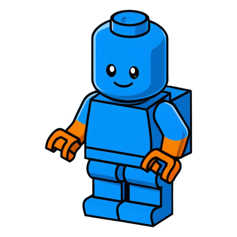 A cartoon blue Lego brick character with arms, legs and a friendly face sticker