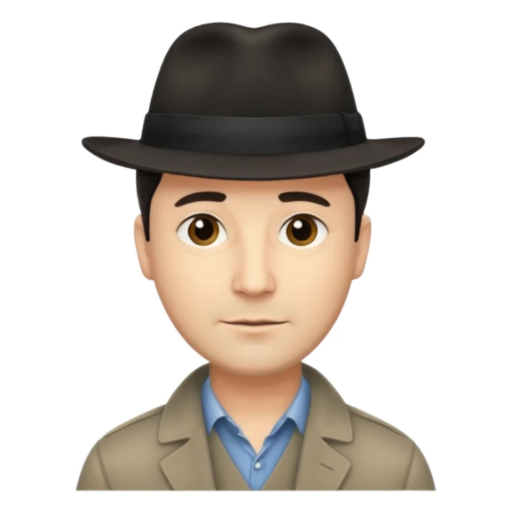 A light-skinned middle-aged man with short dark hair, and a black fedora, with an oval face and calm look. sticker