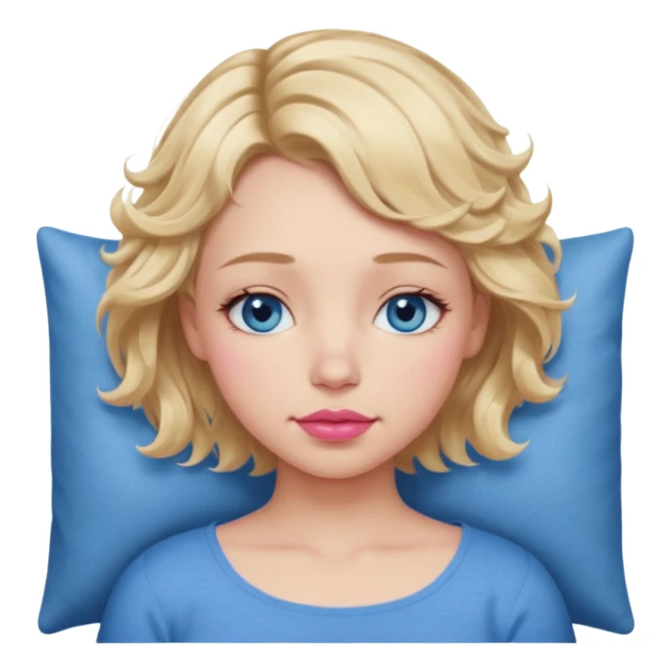 Girl Blonde short wavy hair,  blue eyes, cute blue top, long lashes, pink lips, sleeping sticker