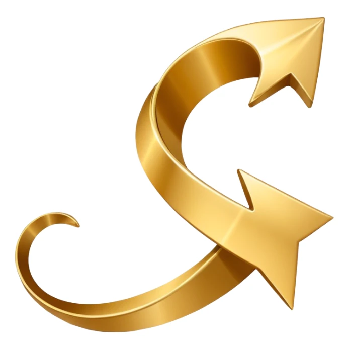3D golden spiral arrow pointing upward, dynamic twist ribbon style, elegant metallic gold, smooth gradient lighting, realistic shadows, clean modern vector look, professional infographic design sticker