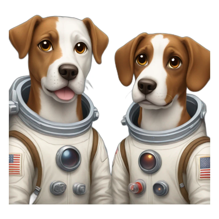 Two dogs, one brown and the other white with brown spots, both wearing astronaut suits. sticker