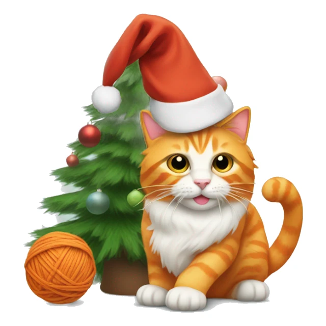 orange cat with a santa hat playing with yarn by a christmas tree sticker