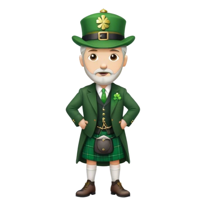 Tall grey haired man with goatee wearing a green peaky hat and kilt st. Patrick’s Day sticker