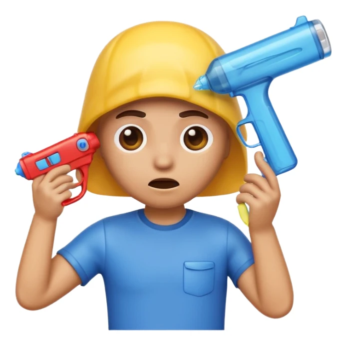 an emoji that is looking sad and scared holding a water gun facing its head sticker