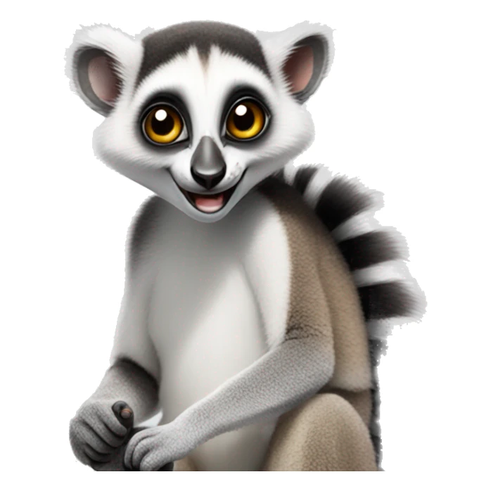 A smart lemur sits sideways, looks at us, shows a thumbs up on its upper paw and smiles sticker